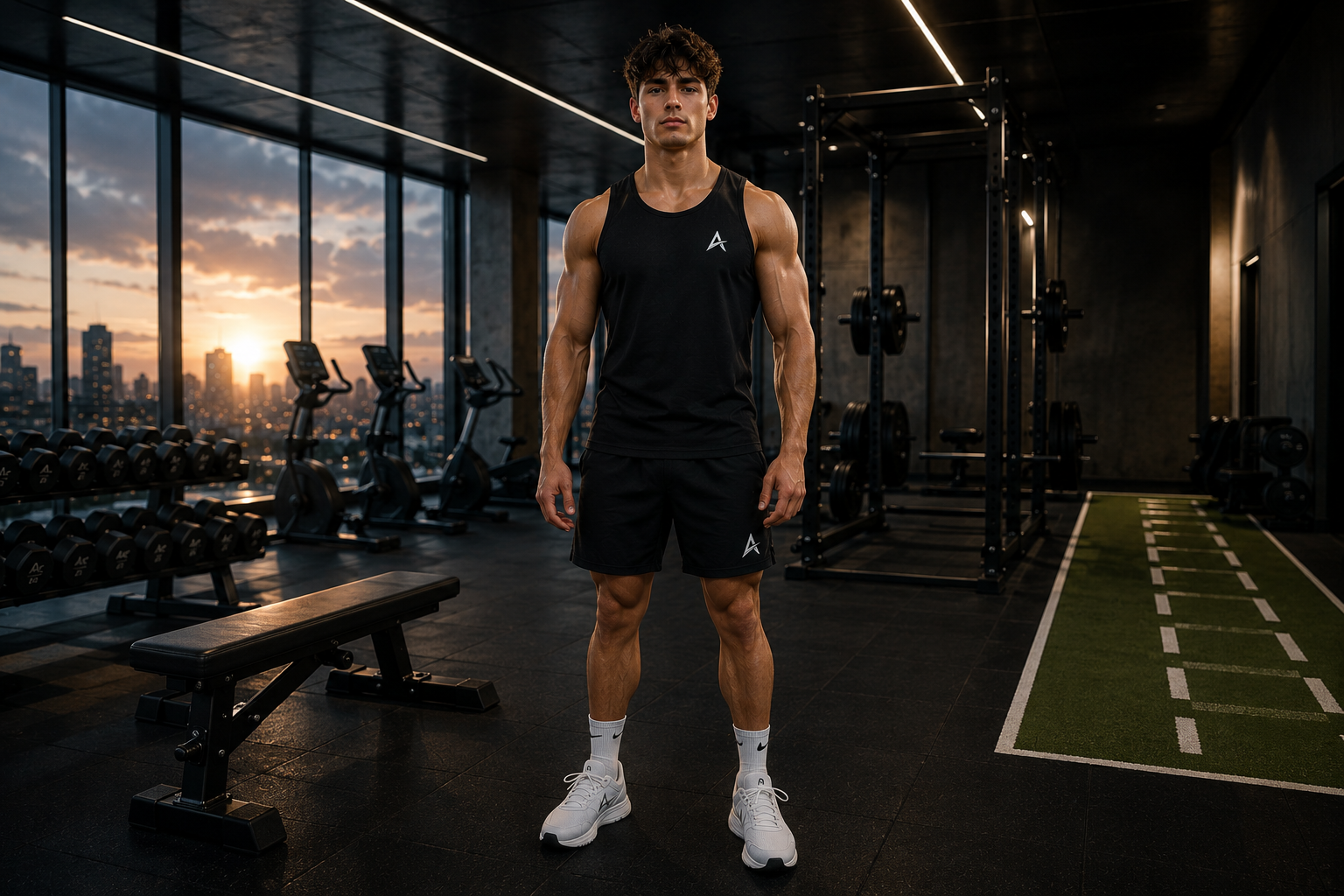 Cinematic modern fitness gym representing strength, discipline, health, and progression